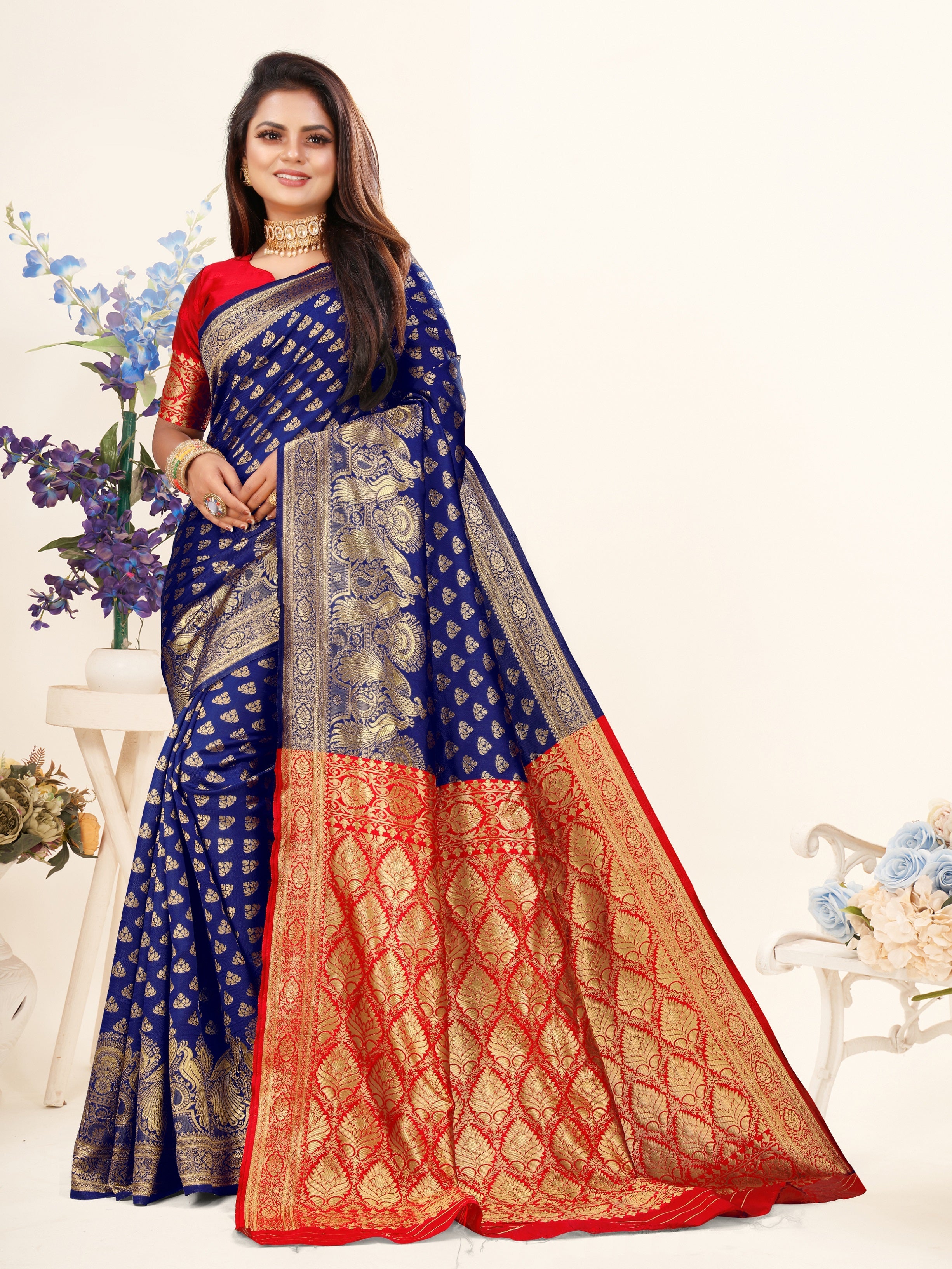 Vedant Vastram Litchi Silk Designer Banarasi Saree - Blue