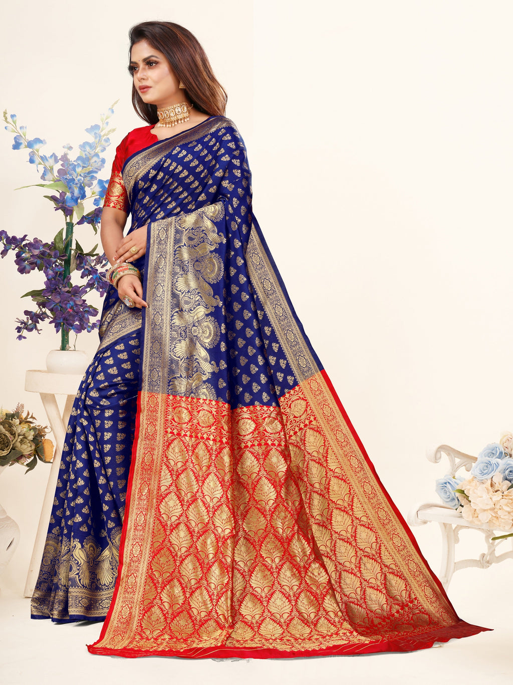 Vedant Vastram Litchi Silk Designer Banarasi Saree - Blue