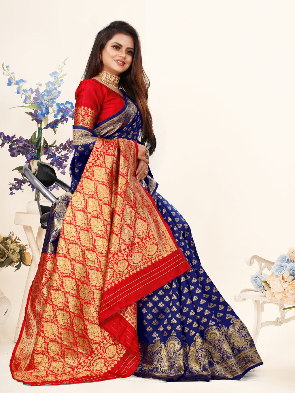 Vedant Vastram Litchi Silk Designer Banarasi Saree - Blue