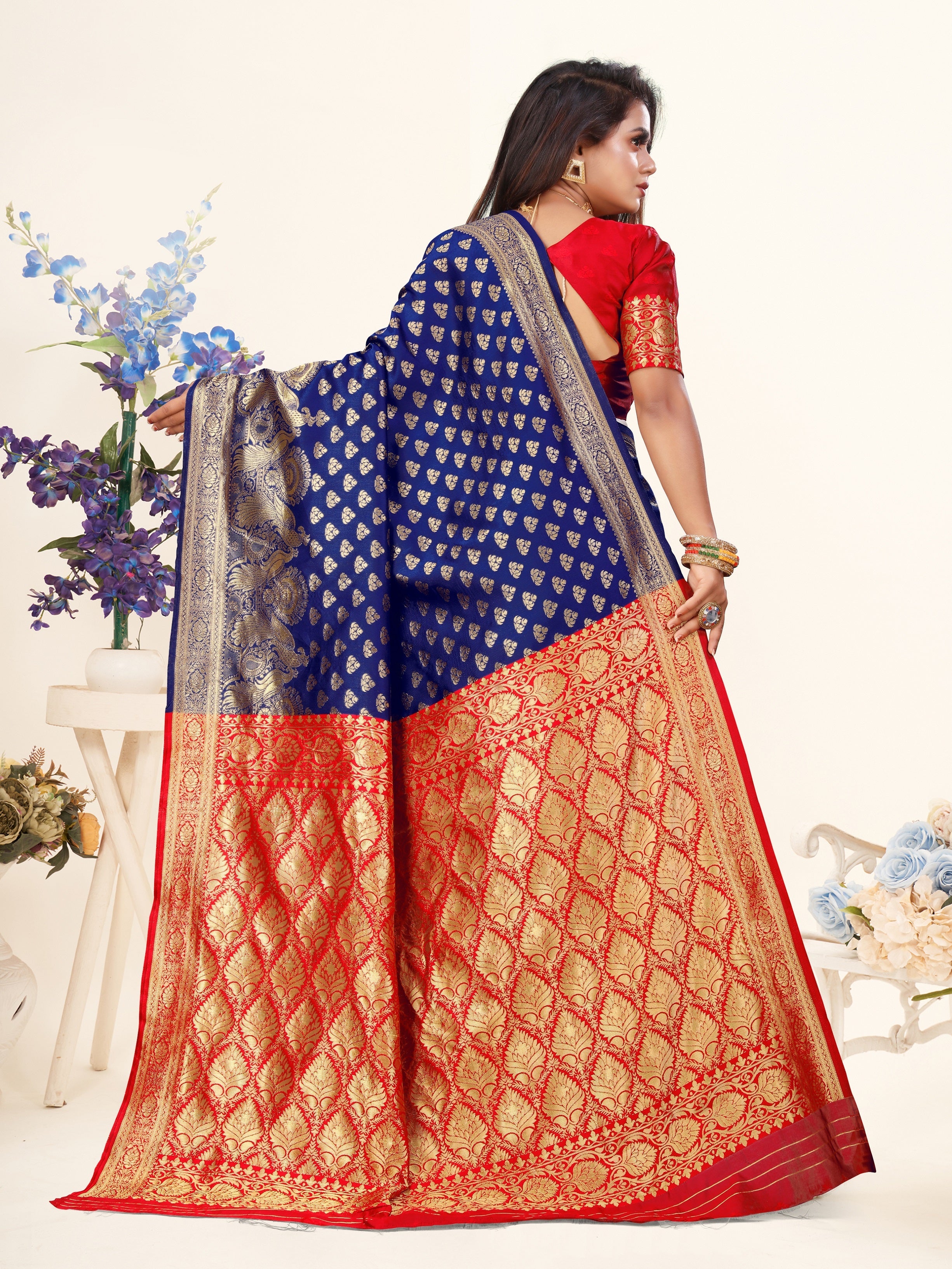 Vedant Vastram Litchi Silk Designer Banarasi Saree - Blue