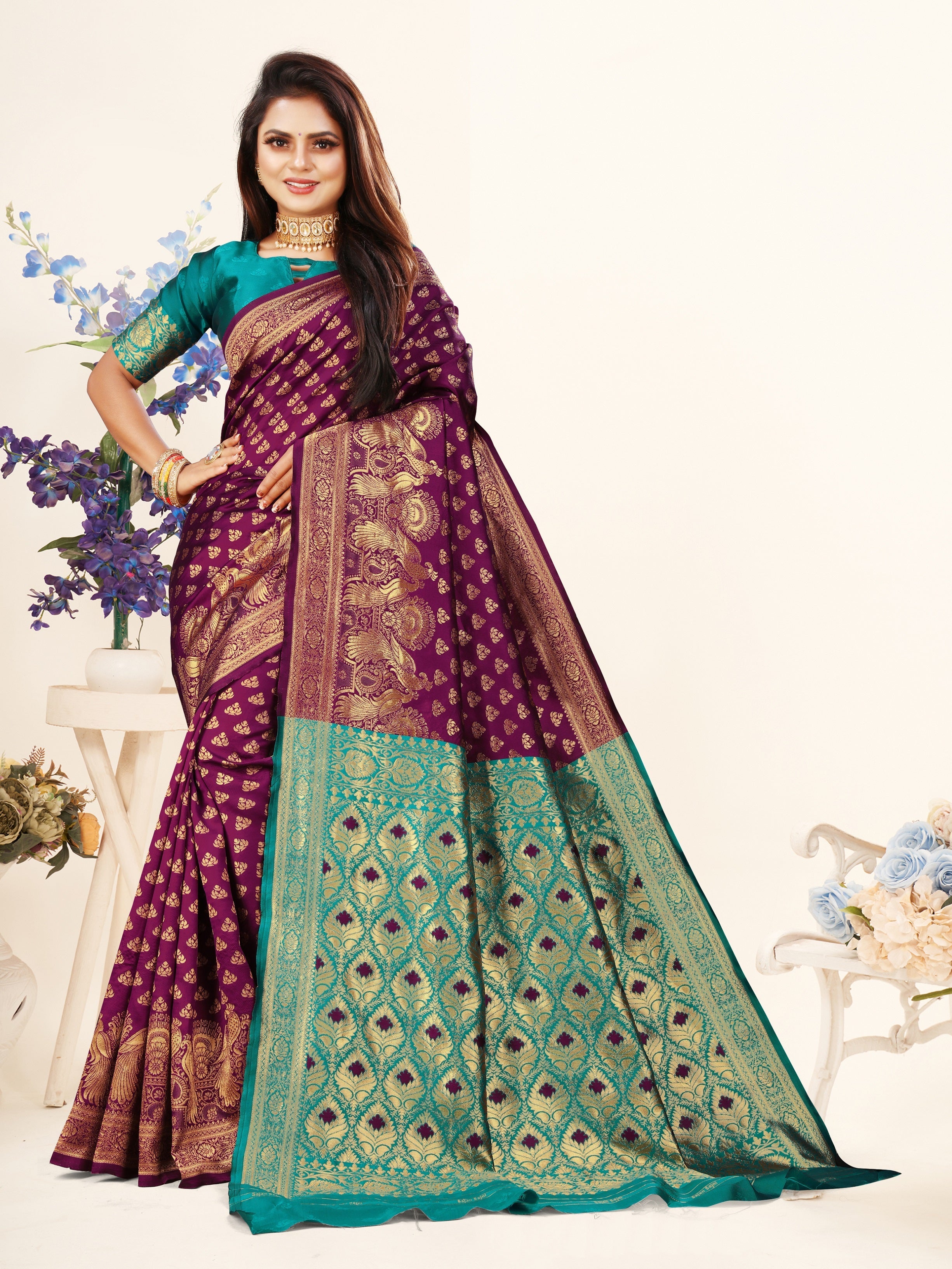 Vedant Vastram Litchi Silk Designer Banarasi Saree - Wine