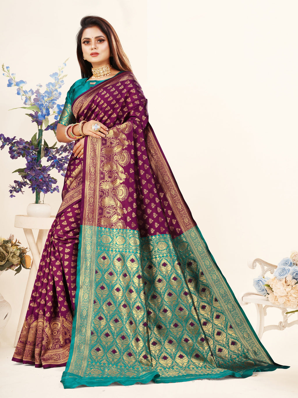 Vedant Vastram Litchi Silk Designer Banarasi Saree - Wine