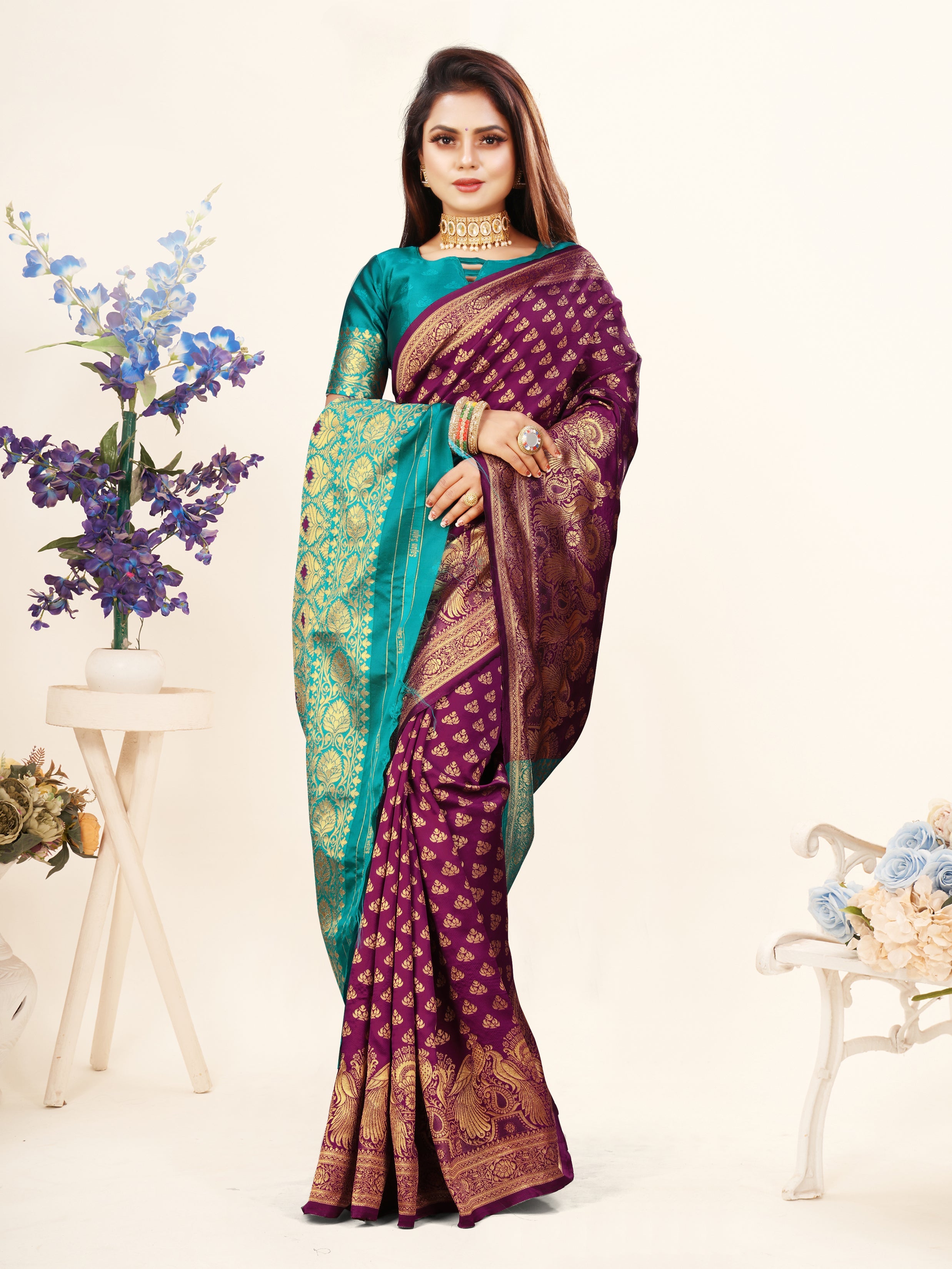 Vedant Vastram Litchi Silk Designer Banarasi Saree - Wine