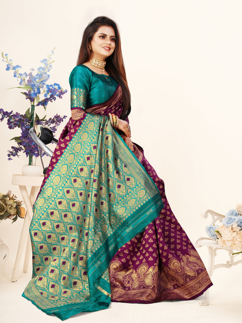 Vedant Vastram Litchi Silk Designer Banarasi Saree - Wine