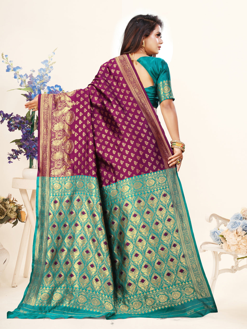 Vedant Vastram Litchi Silk Designer Banarasi Saree - Wine