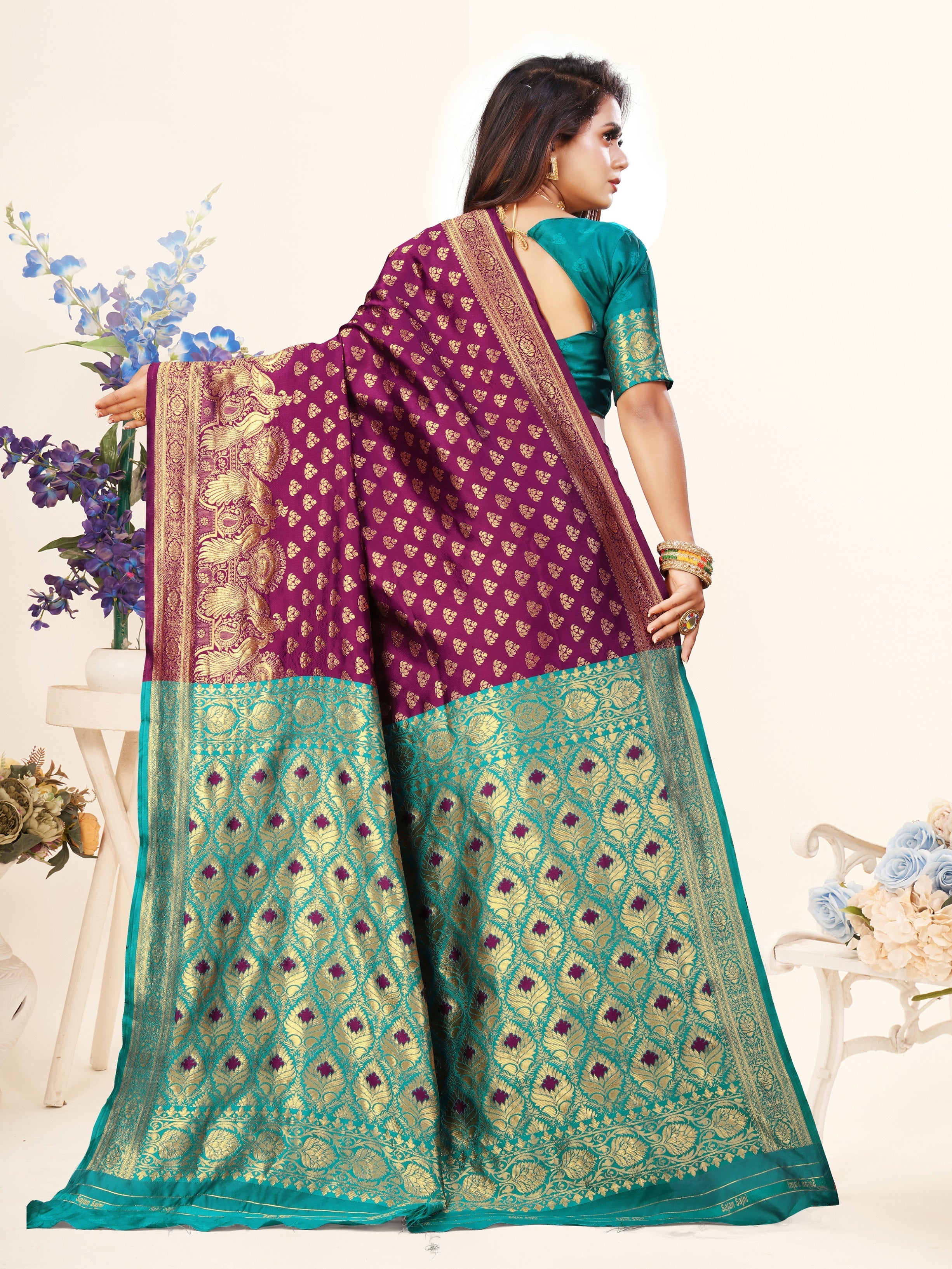 Vedant Vastram Litchi Silk Designer Banarasi Saree - Wine