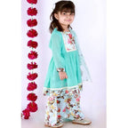 Little Bansi Girls Blue Color Floral print Kurta Frock with Floral Palazzo and Dupatta