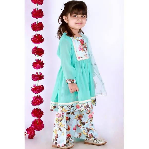 Little Bansi Girls Blue Color Floral print Kurta Frock with Floral Palazzo and Dupatta