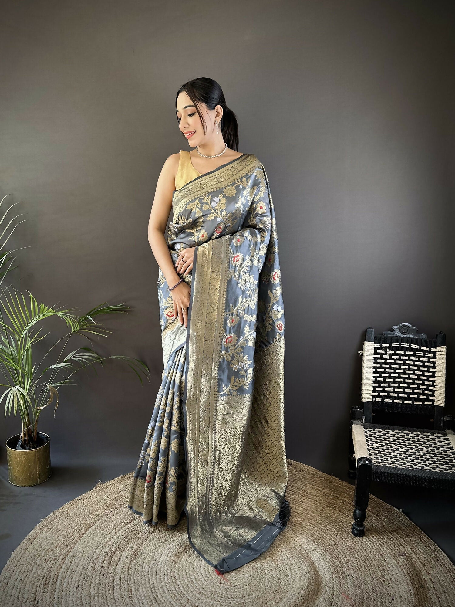 Joban Fashion Grey Floral & Ethnic Motifs Design Soft Silk Meenakari Banarasi Saree - Distacart