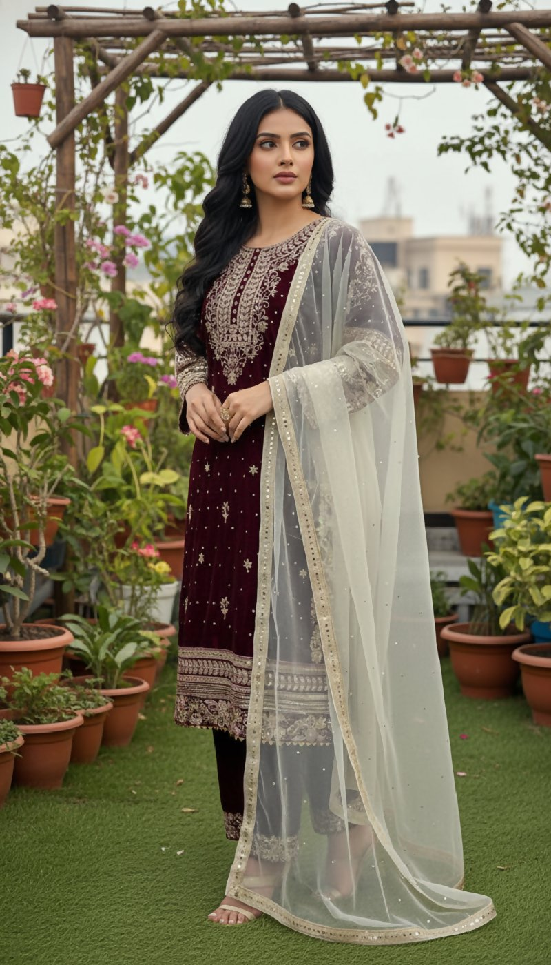 Joban Fashion Maroon Kurta Set Velvet Embroidery Sequence Work - Distacart