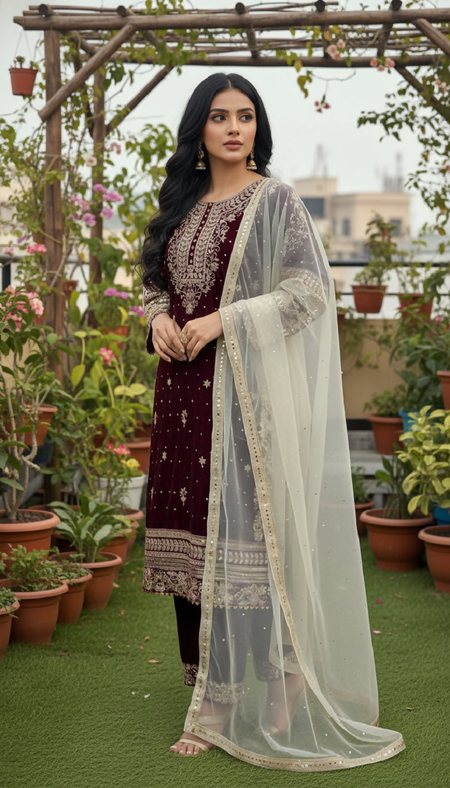 Joban Fashion Maroon Kurta Set Velvet Embroidery Sequence Work