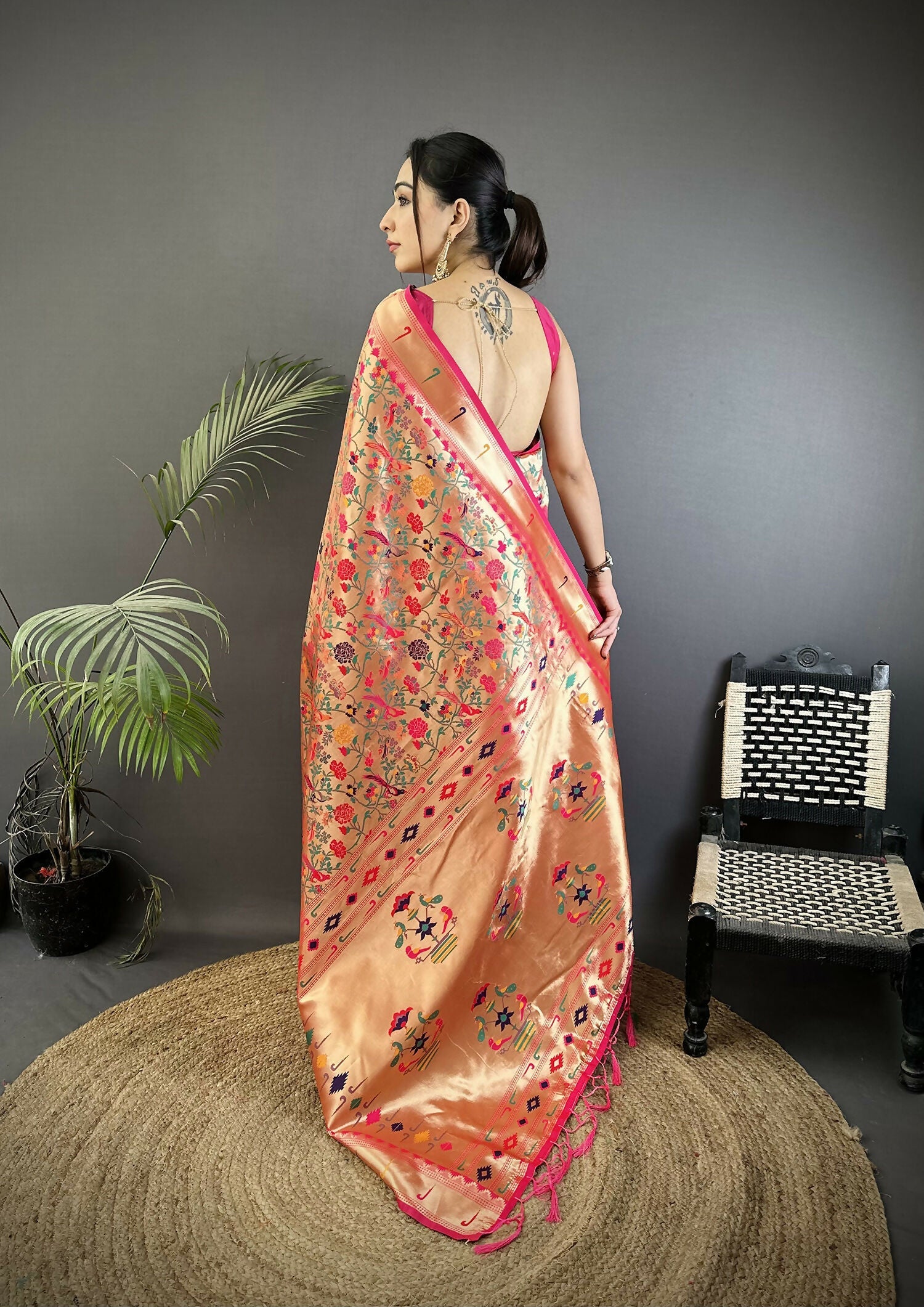 Joban Fashion Rani Pink Floral & Leaf Designs Soft Silk Paithani Saree - Distacart