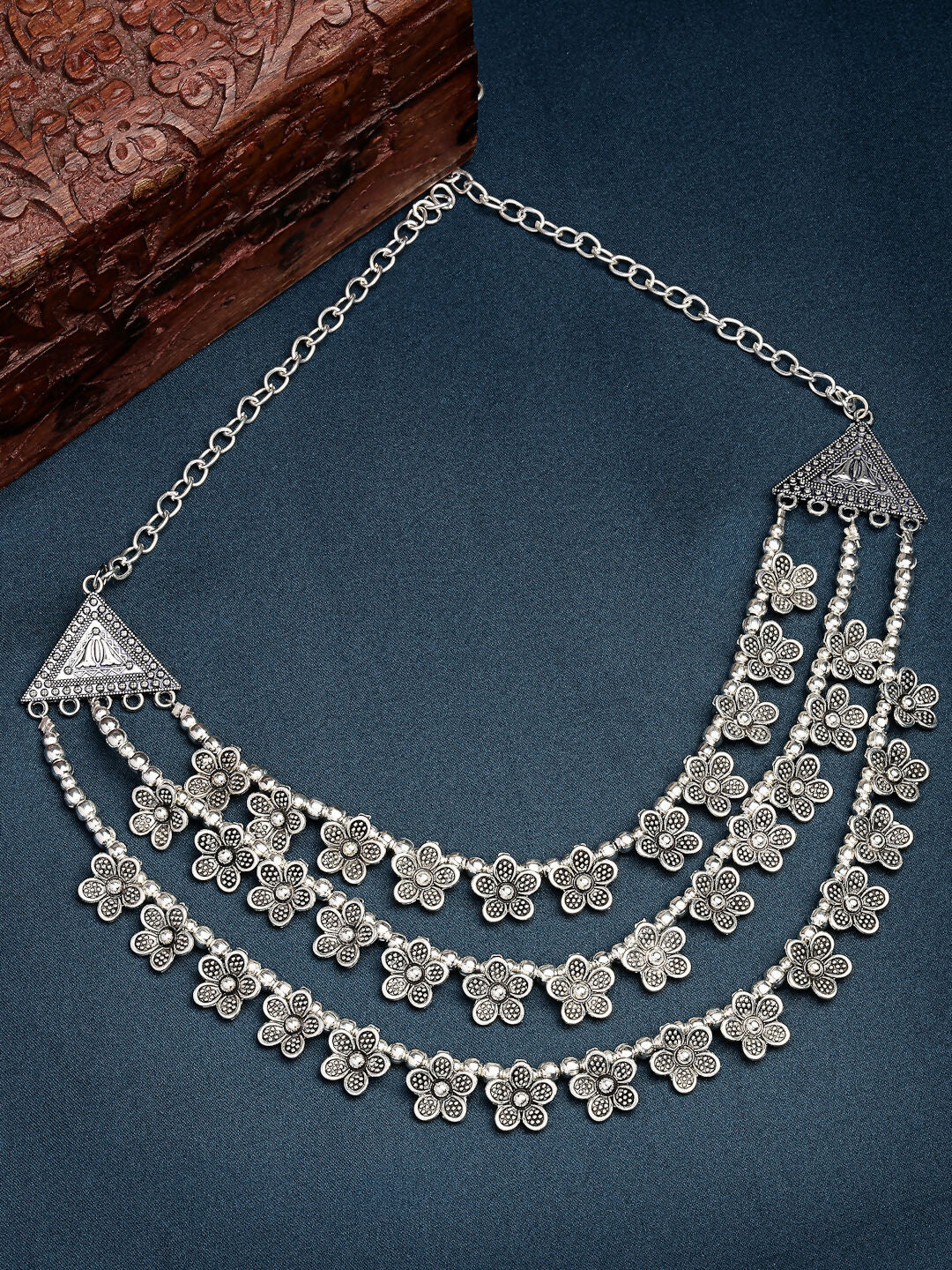 NVR Women's 3 Layered Floral Shape Artificial Beads German Silver Oxidised Necklace