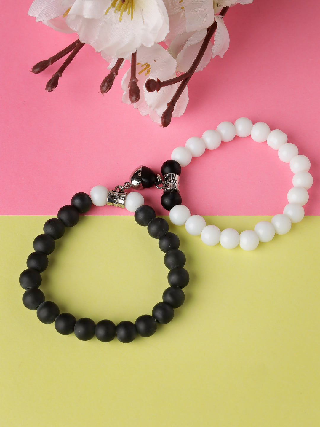 NVR Men & Women Set of 2 Black & White Onyx Handcrafted Elasticated Bracelet - Distacart