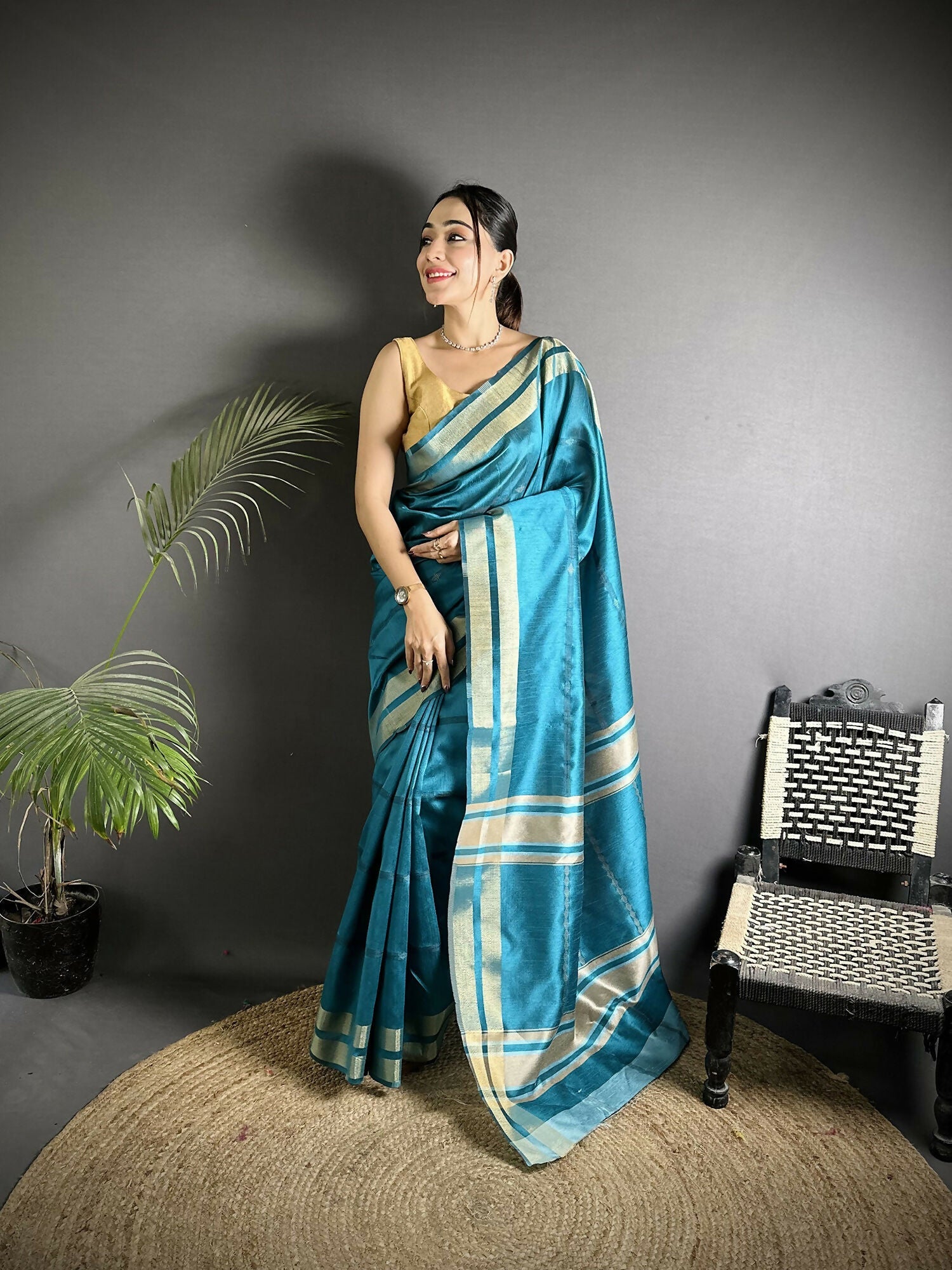 Joban Fashion Turquoise Woven Pattern Raw Silk Kanjivaram Silk Saree - Distacart