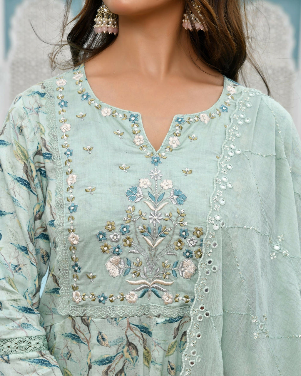 Vaasva Women's Sky Blue Cotton Anarkali Set With Solid Pant And Embroidered Dupatta
