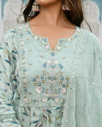 Vaasva Women's Sky Blue Cotton Anarkali Set With Solid Pant And Embroidered Dupatta