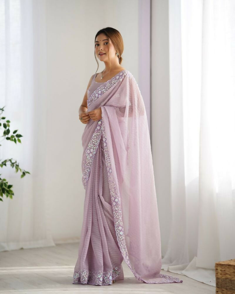 Georgette Designer Sequance Embroidery Work Party Wear Saree - Lavender