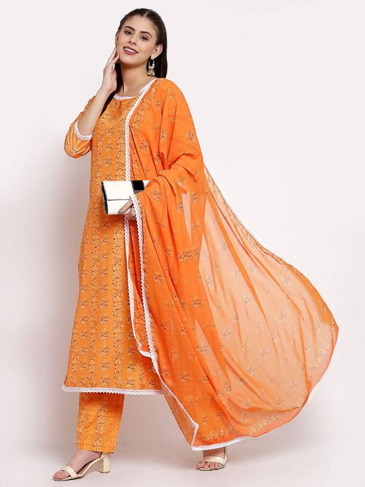 Myshka Women's Orange Cotton Printed 3/4 Sleeve Round Neck Casual Kurta Pant Dupatta Set