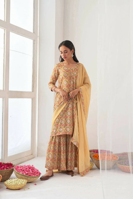 Designer Stylish Yellow Muslin Stitched Suit With Dupatta - Anbazaar