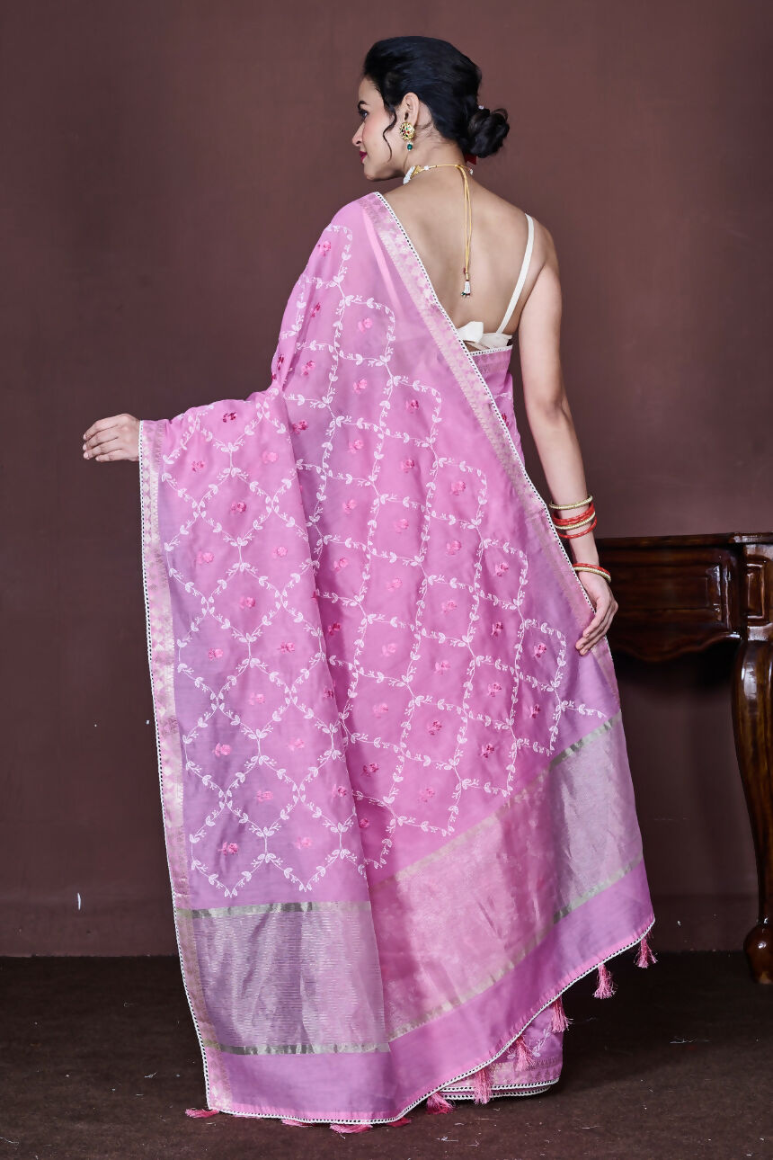 Morchari Pink Cotton Chanderi Embroidery Saree Unstitched Blouse - Distacart
