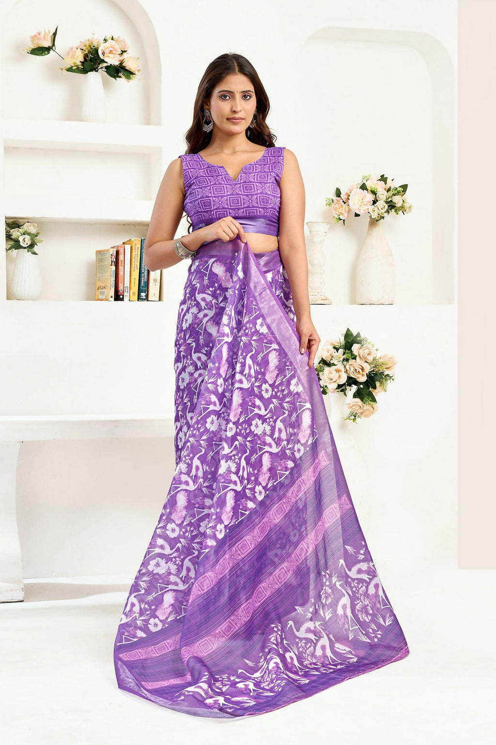 Joban Fashion Purple  Floral And Bird Motifs Linen Ready To Wear Saree With Unstitched Blouse - Distacart