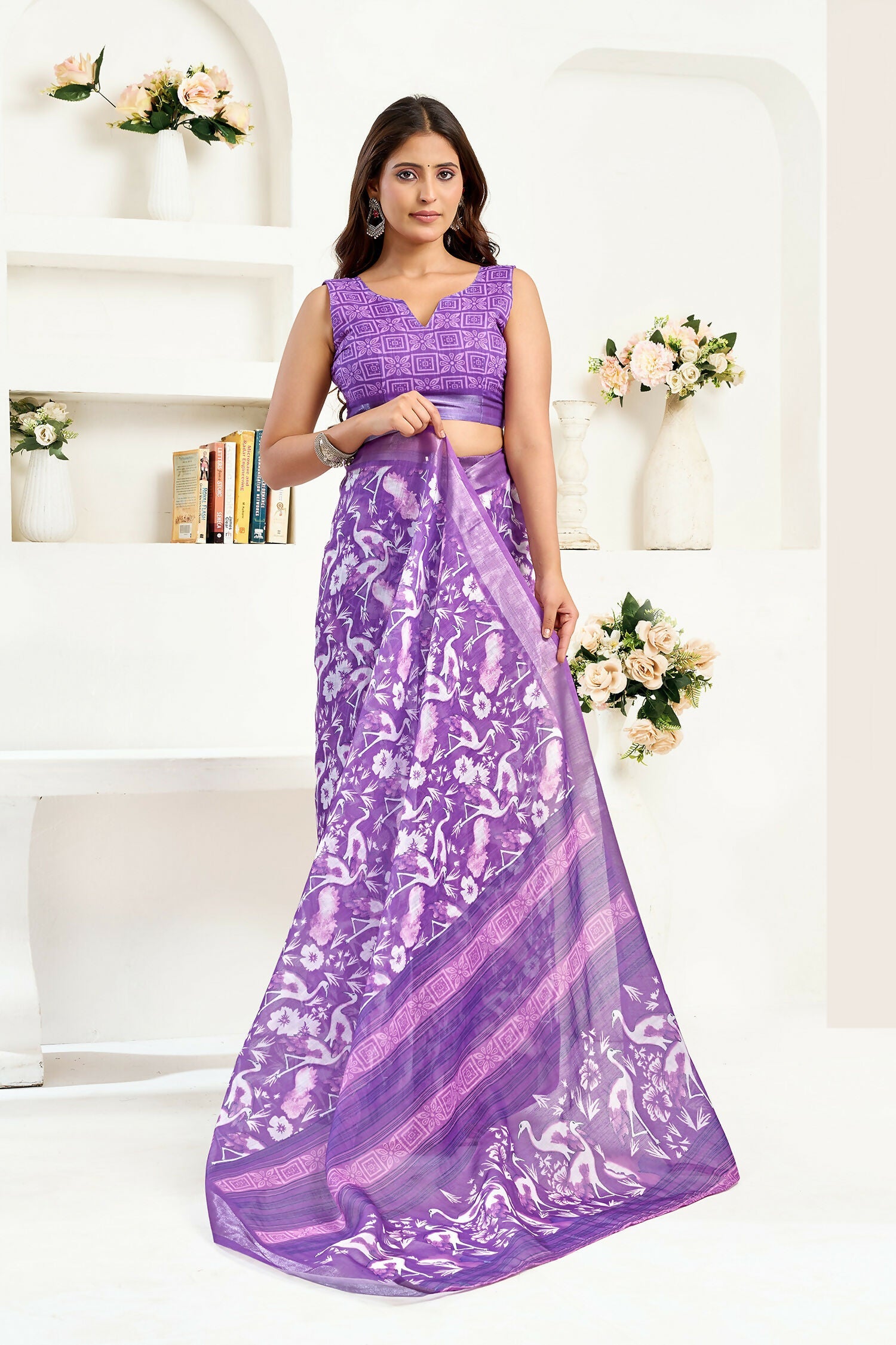 Joban Fashion Purple  Floral And Bird Motifs Linen Ready To Wear Saree With Unstitched Blouse - Distacart
