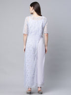 Ahalyaa Womens Blue Crepe & Net Silver Glitter Print Jumpsuit - Distacart