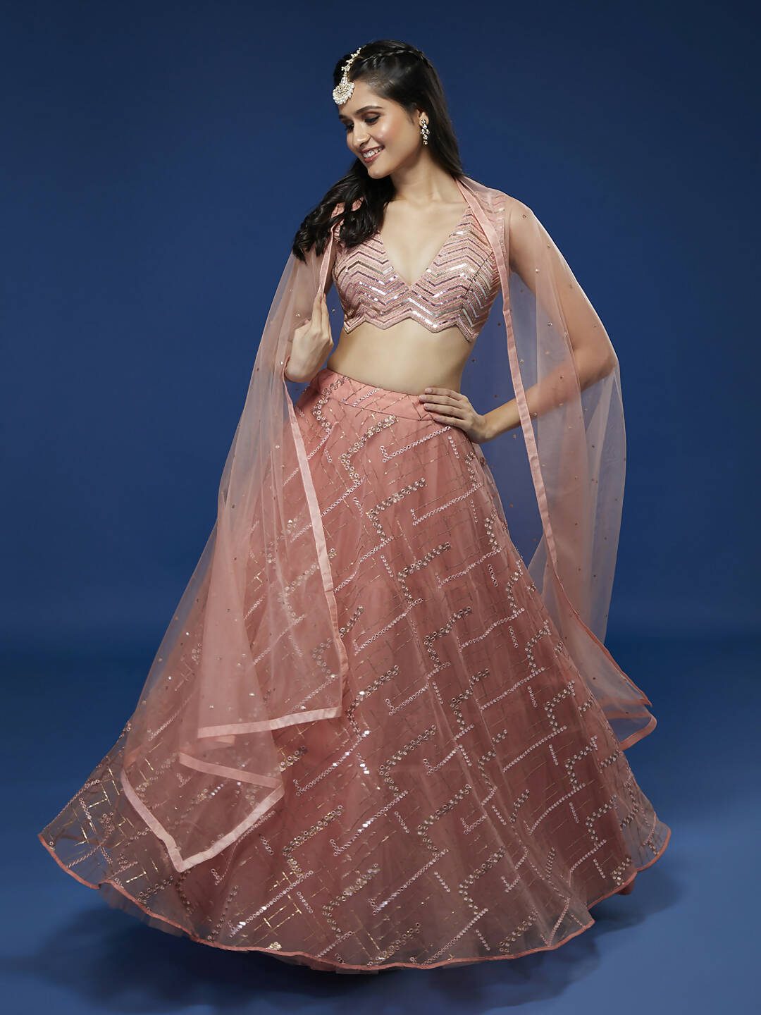 House of Panchhi Peach Net Sequinse Embroidered Lehenga & Blouse with Dupatta