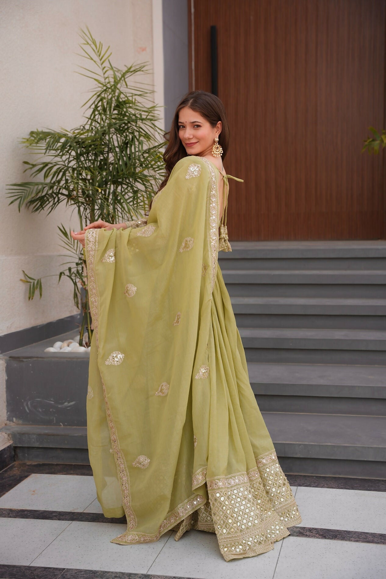 Teeya Creation Olive Color Crunchy Silk Wedding Wear Embroidery Work Long Gown - Distacart