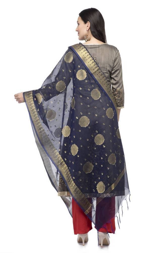A R Silk Women's Vanarsi Silk Zari Border Embroidery Navy Blue Fancy Dupatta