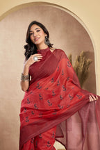 Vastranavya Rust Digital Printed Linen Ready To Wear Designer Saree with Unstitched Blouse - Distacart