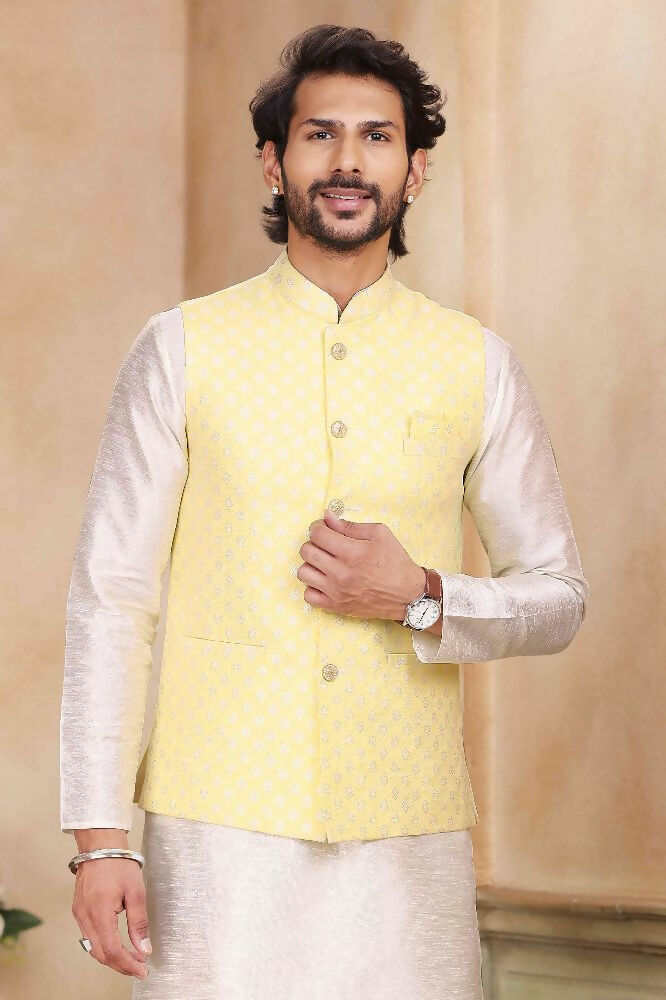 Raivat Ethnic Jacquard Banarasi Silk Woven Work 3 Pics Jacket Set In Yellow Colour - Distacart
