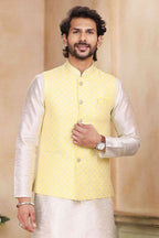 Raivat Ethnic Jacquard Banarasi Silk Woven Work 3 Pics Jacket Set In Yellow Colour - Distacart