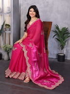 Vastranavya Pink Embroidery Work Shimmer Chiffon Saree with Unstitched Blouse - Distacart