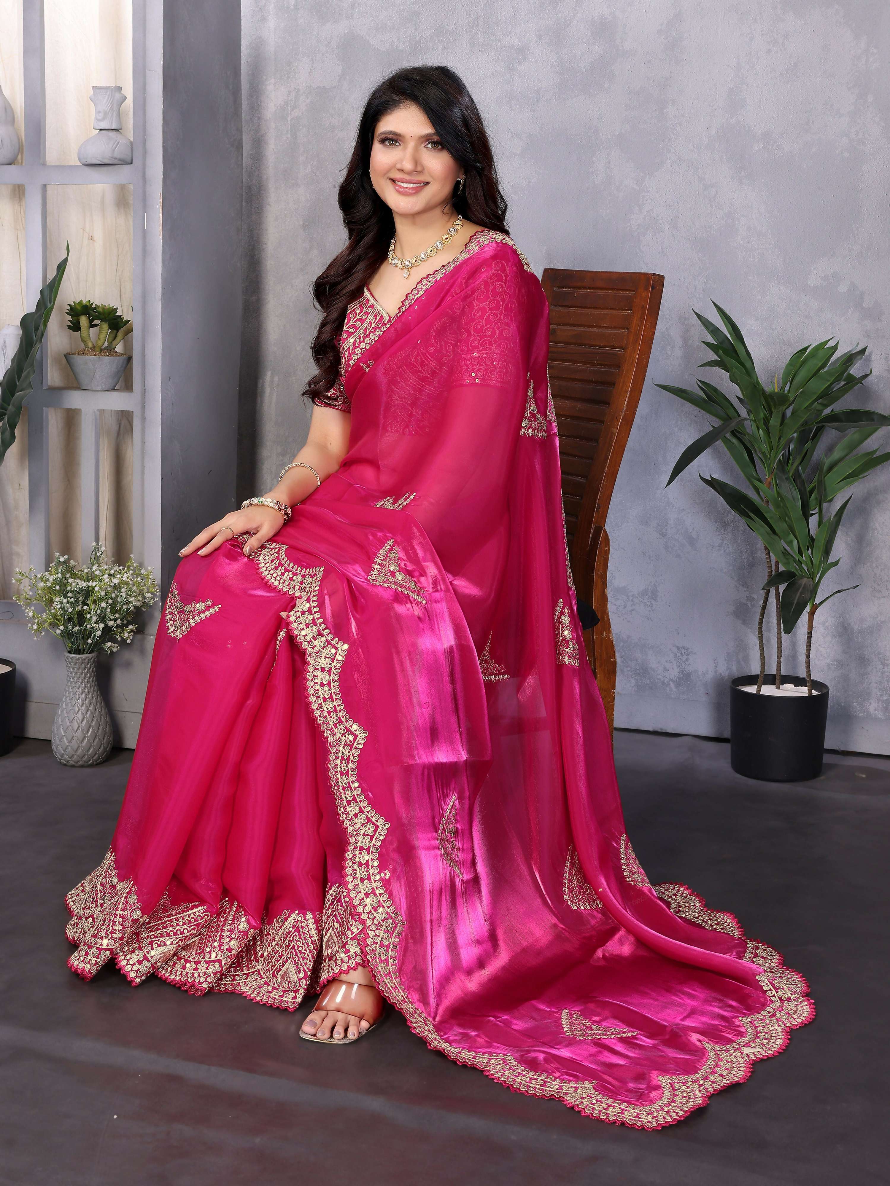 Vastranavya Pink Embroidery Work Shimmer Chiffon Saree with Unstitched Blouse - Distacart