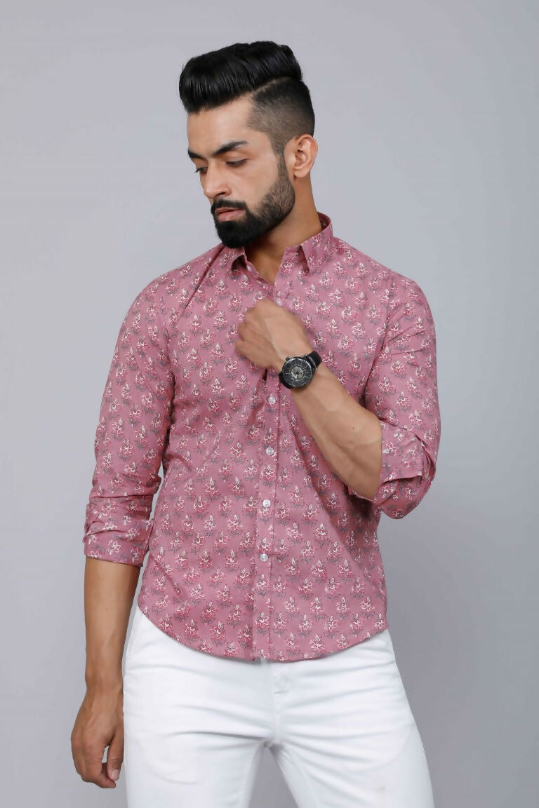 Miravan Men's Pink Spread Collar Floral Print Casual Shirt