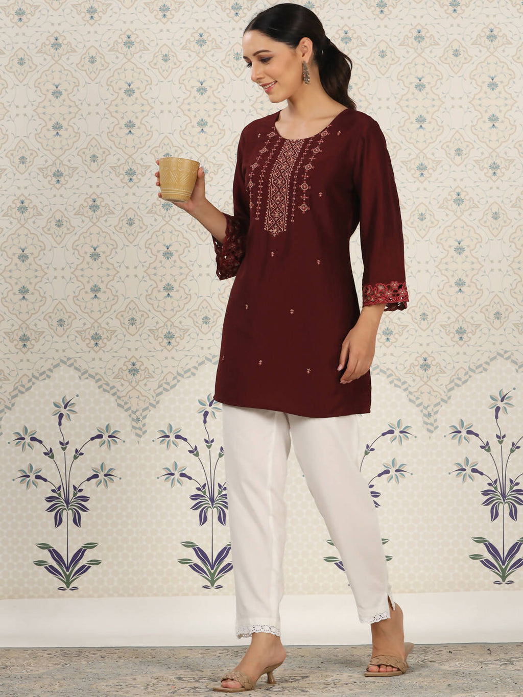 Maroon Chinon Embroidered Straight Top - Zeny