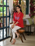 Juniper Women's Red Thread Embroidered Cotton Tunic With Mirror work & Buttons
