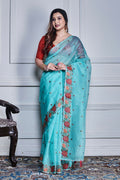 Morchari Green Supernet Cross Stitched Embroidery Saree Unstitched Blouse - Distacart