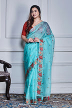 Morchari Green Supernet Cross Stitched Embroidery Saree Unstitched Blouse - Distacart
