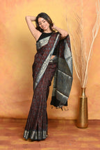 Very Much Indian Modal Silk Ajrakh Handblock Printed Natural Dyes With Designer Border Saree - Dark Maroon