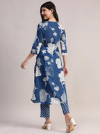 Aavyora Women's Blue Floral Printed Cotton Kurta with Trouser