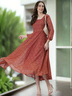 Souchii Rust Orange Printed Fit & Flare Dress