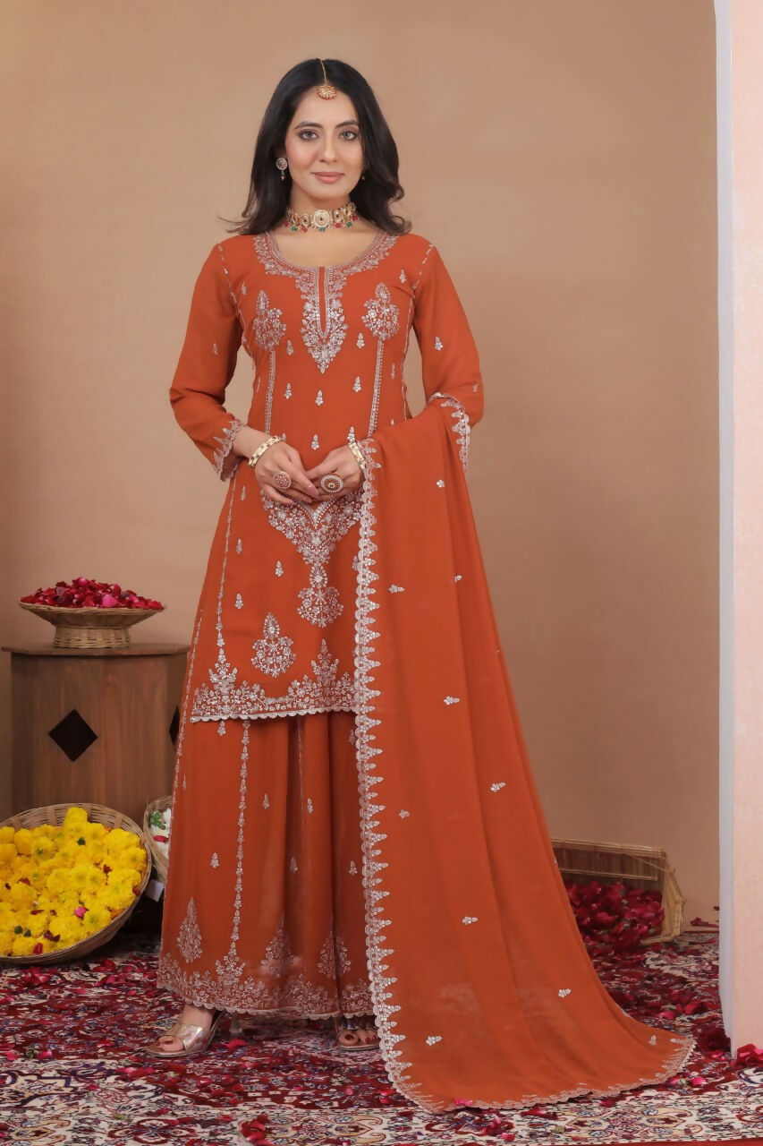 Teeya Creation Orange Color Faux Georgette Wedding Wear Trending Palazzo Set - Distacart