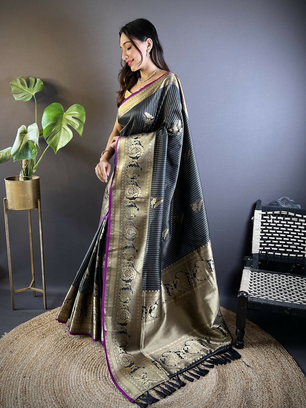 Joban Fashion Black Striped With Floral Motifs Soft Silk Leheriya Saree