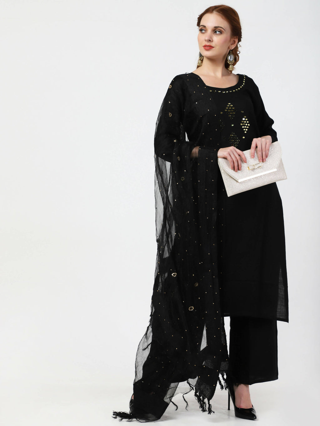 Cheera Women's Black Rayon Slub Kurta Palazzo Organza Silk Dupatta Set