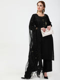 Cheera Women's Black Rayon Slub Kurta Palazzo Organza Silk Dupatta Set