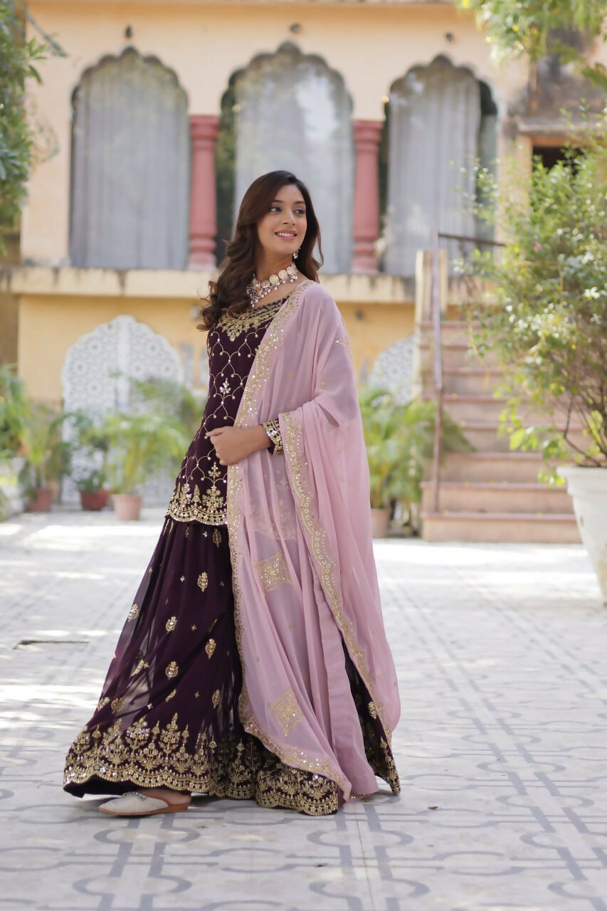 Vastranavya Faux Blooming with Sequins Embroidered Kurti, Palazzo & Dupatta - Maroon