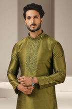 Raivat Ethnic Banarasi Art Silk Mirror Work Kurta Pajama In Green Colour